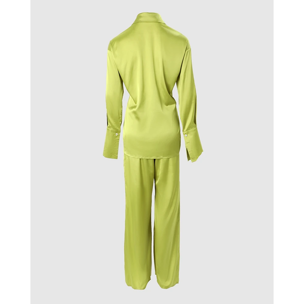 S-2XL Autumn Women Buttoned Satin Loungewear Long Sleeve Shirt & High Waist Pants Set Solid Sleepwear Homewear Pajamas Set