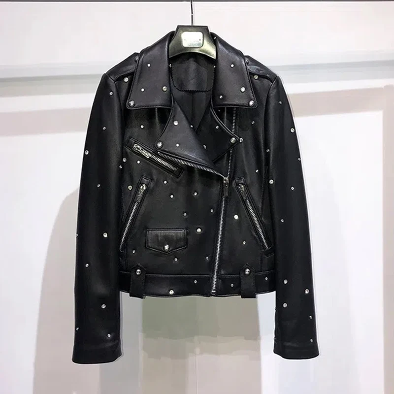 Spring 2023 new leather leather women's short style sheep skin high waist rhinestone leather jacket star coat trend