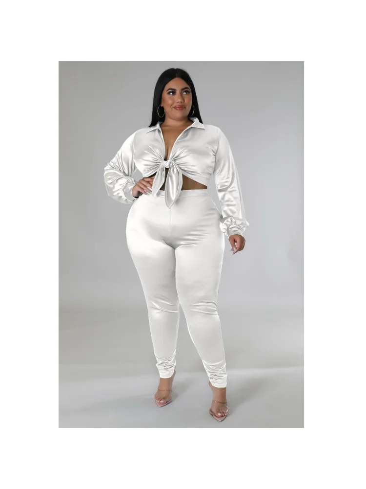 Plus Size Sets Solid Turn-down Collar Elastic Waist Set of Women's Clothing 2 Pieces Full Slim Fit Sexy Plus Size Two Piece Sets