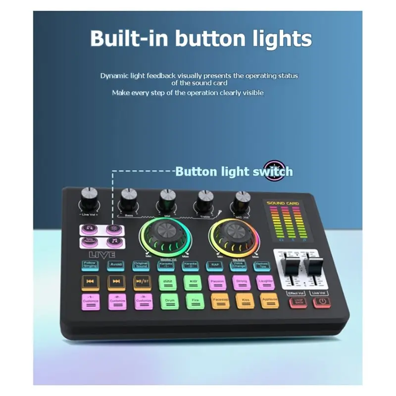 Фото Звуковая карта ABJF, микрофон, аудиомикшер OTG, RGB, Bluetooth, профессиональный универсальный аудиомикшер для мобильных телефонов, компьютеров, прямых трансляций, караоке №5