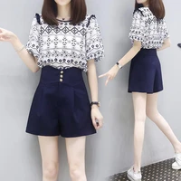 women short sleeve tops wide leg shorts set elegant office ladies suits korean fashion two piece suit 4xl womens outfits e19