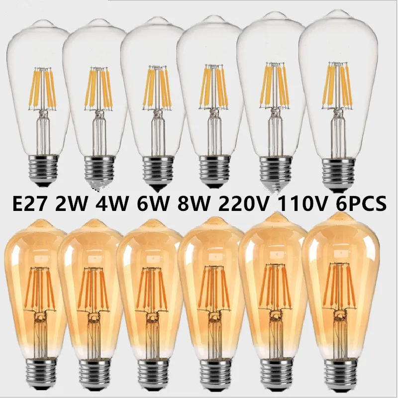 6PCS LED ST64 2W 4W 6W 8W DC 220V 110V Dimmable Gold Filament Bulb E27 B22 Light Vintage Edison Lamp Retro Gold Glass Appearance