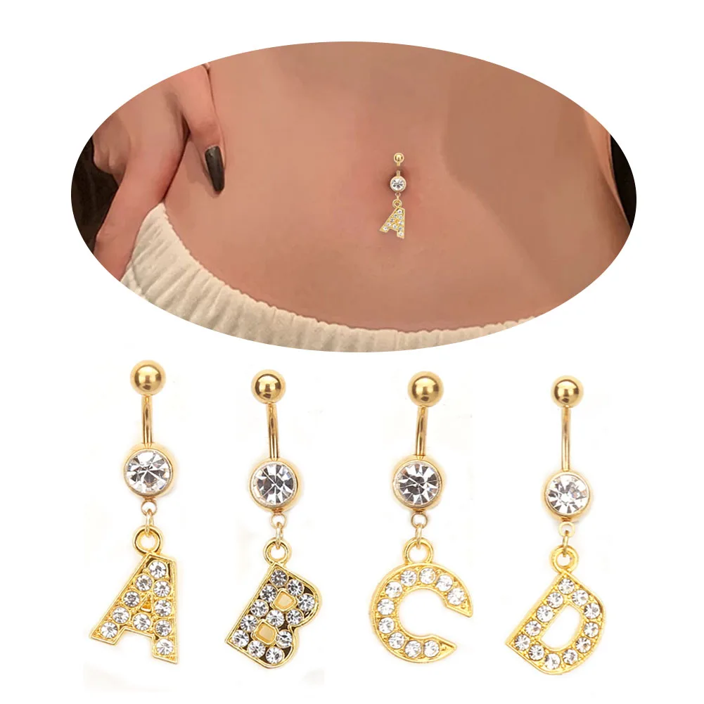 

26 letter A to Z style Charming Body Piercing Crystal Rhinestone Inlaid Navel Belly Button Ring Stainless Steel Jewelry