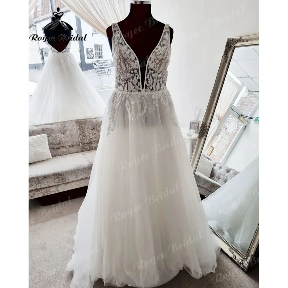 

Пляжное кружевное свадебное платье Roycebridal, а-силуэт, с V-образным вырезом, аппликация, 2023 тюль, свадебное платье, индивидуальный пошив, vestido ...