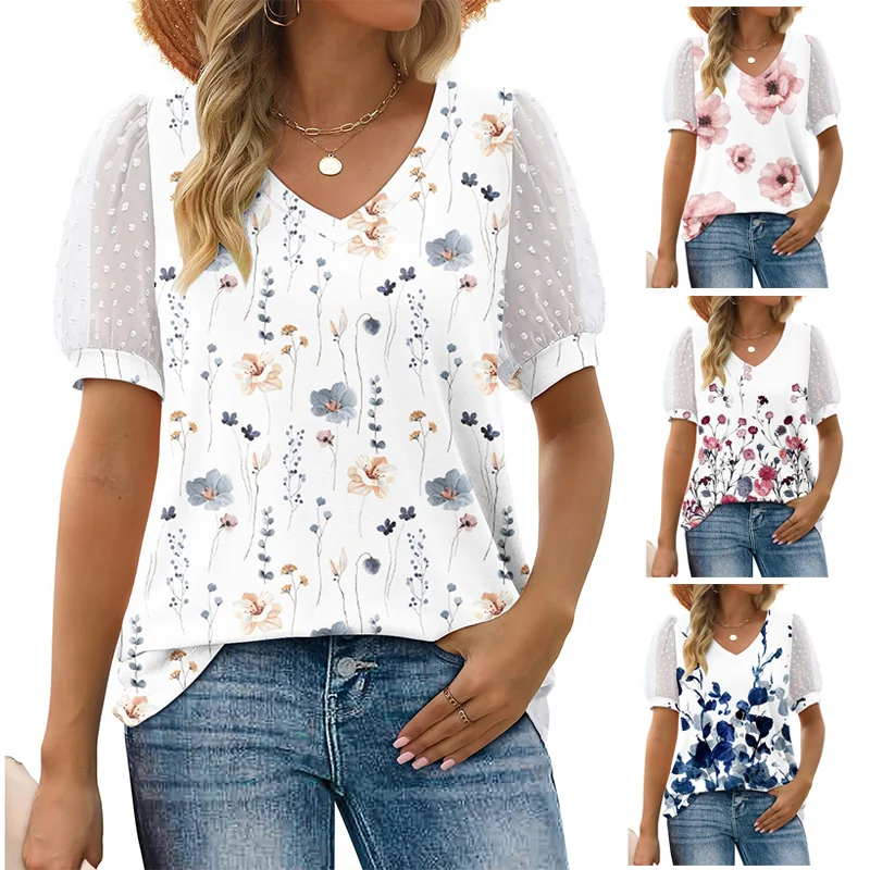 

Женская Кружевная футболка с коротким рукавом, V-образным вырезом и цветочным принтом