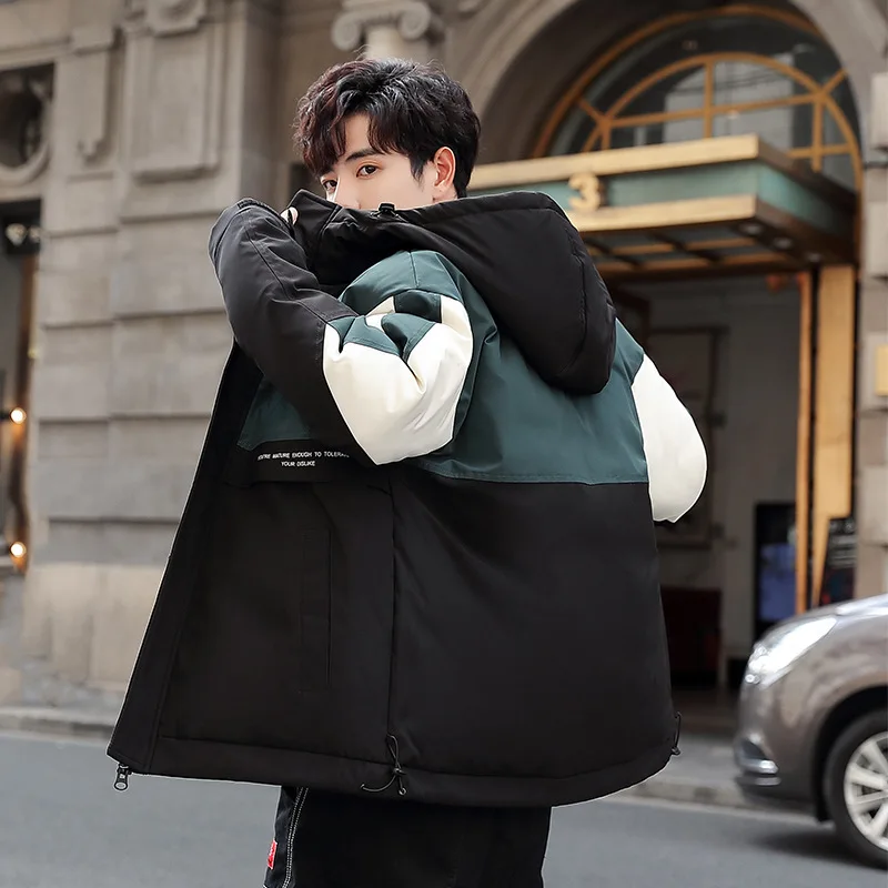 

Модная парная куртка-пуховик с блокировкой цвета, зимняя мужская Толстая теплая верхняя одежда с капюшоном, куртки на белом утином пуху, Повседневная ветровка