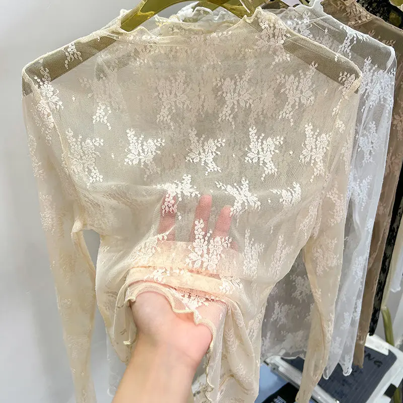 Y2k Однотонные блузки с воротником-стойкой и краями кружевные слегка прозрачные