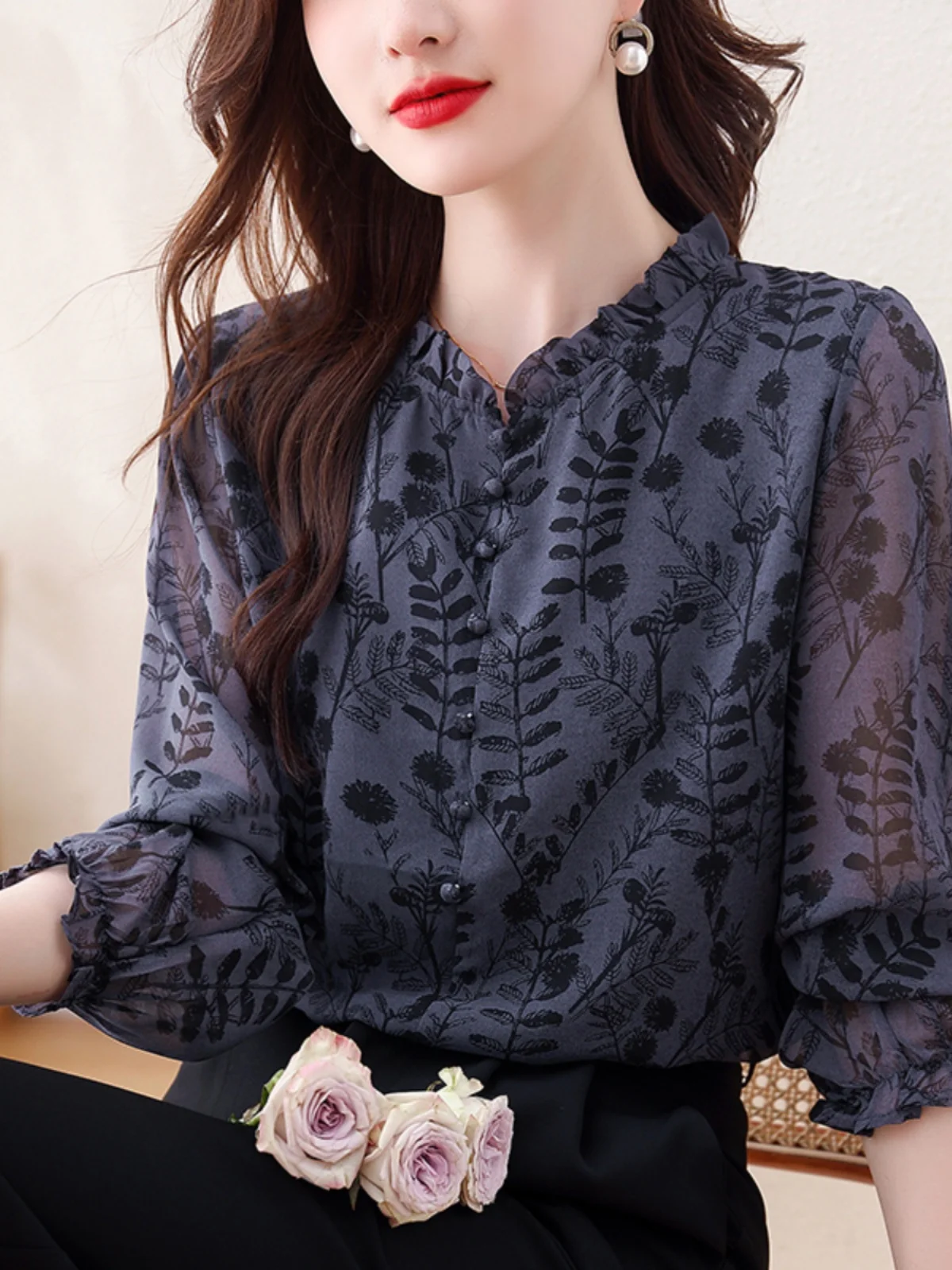 Hangzhou High end Famous Silk Shirts Women Long sleeve Shirt 2024 Autumn New Western Sle Floral Top