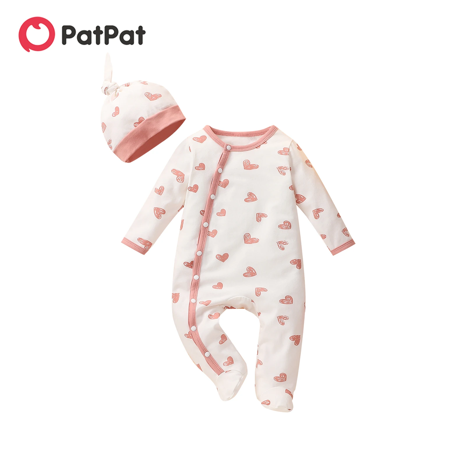

PatPat 2pcs Baby 95% Cotton Long-sleeve Love Heart Print Footed Jumpsuit with Hat Set