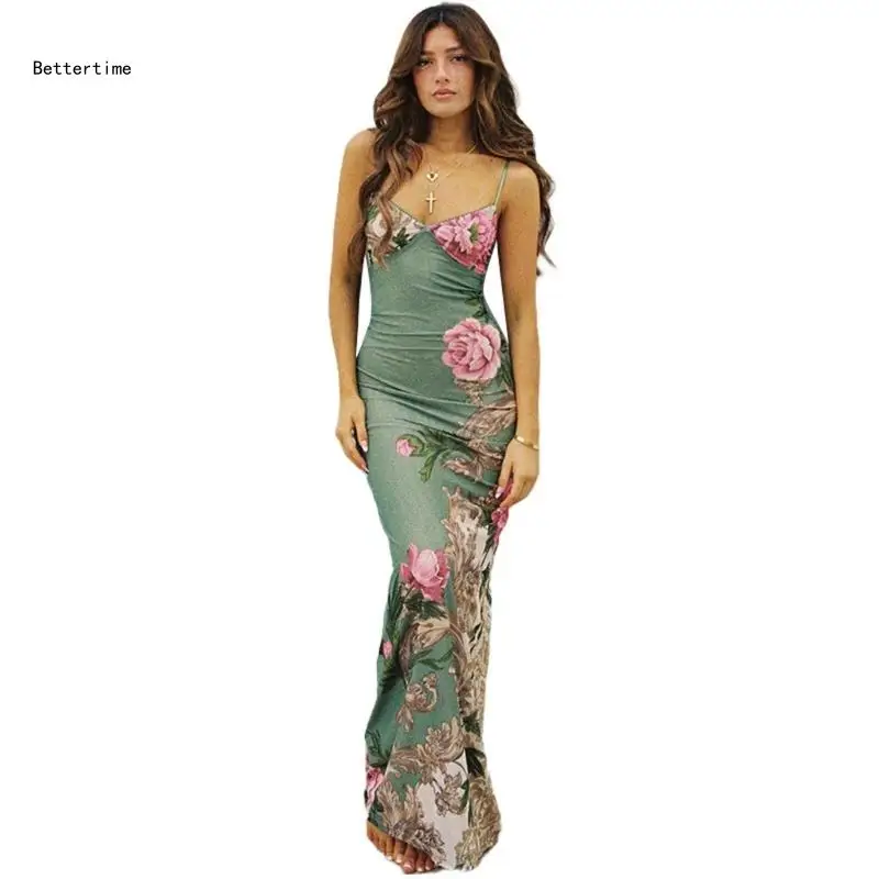 B36D Floral Print Dresses Lacy V-Collar Sleeveless Sexy Slit Fashion Bodycon Backless Sleeveless Tube Top Long Sling Dress