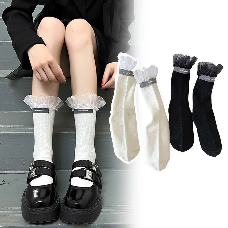 

Японские носки с рюшами в стиле "Лолита" для женщин и девочек, милые черные, белые кружевные носки до середины икры в стиле Харадзюку, летние женские хлопковые короткие носки