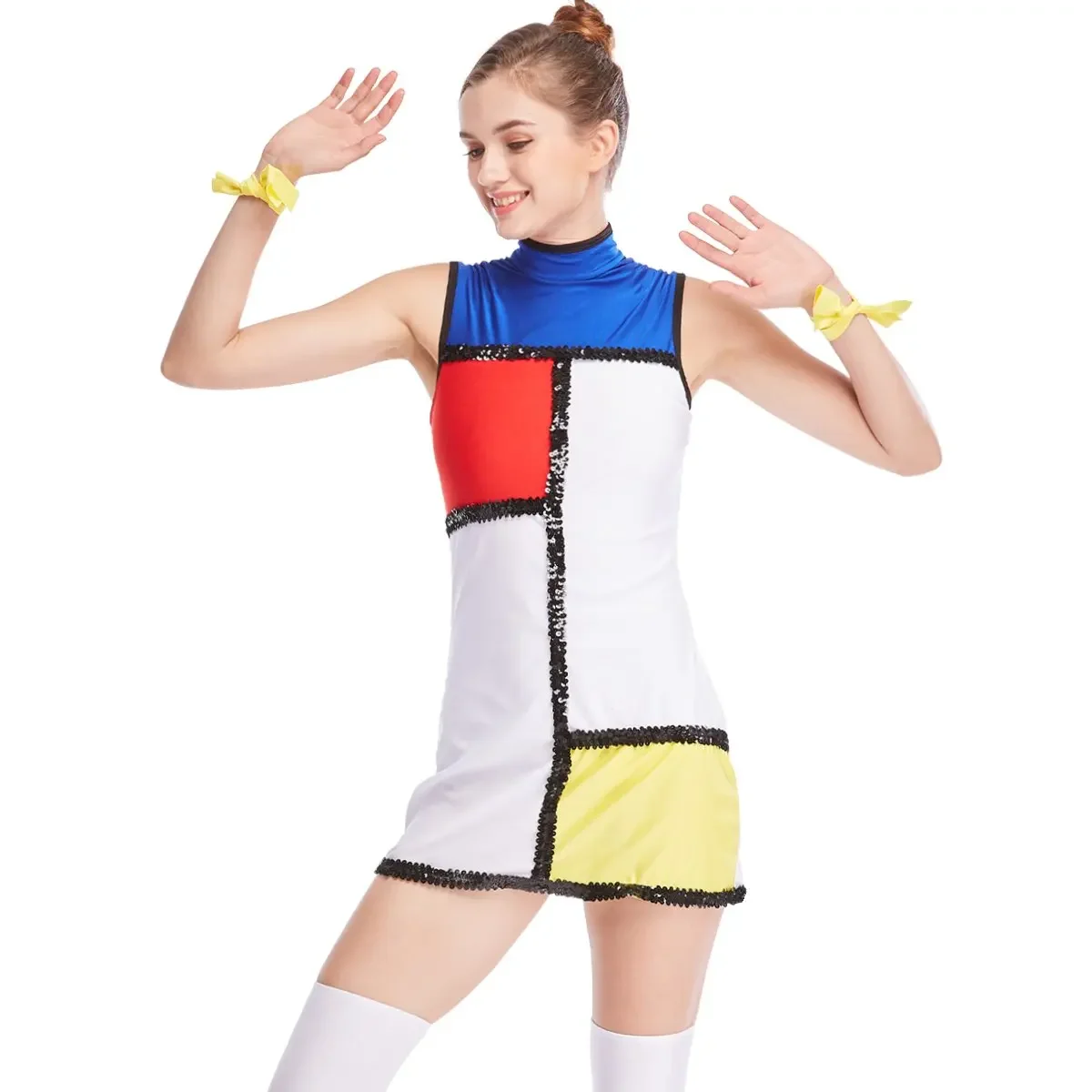 MiDee Mondrien Style Dress Color-block Twill Shift Jazz Costume Dance Performance Wear Stage Clothes