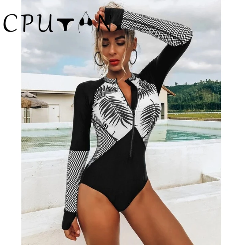 

CPUTAN 2023 Zip One Piece Swimsuit Women Swimwear Sports Monokini Sexy Bodysuit Print Bathing Suit Female Beachwear Surfing Suit