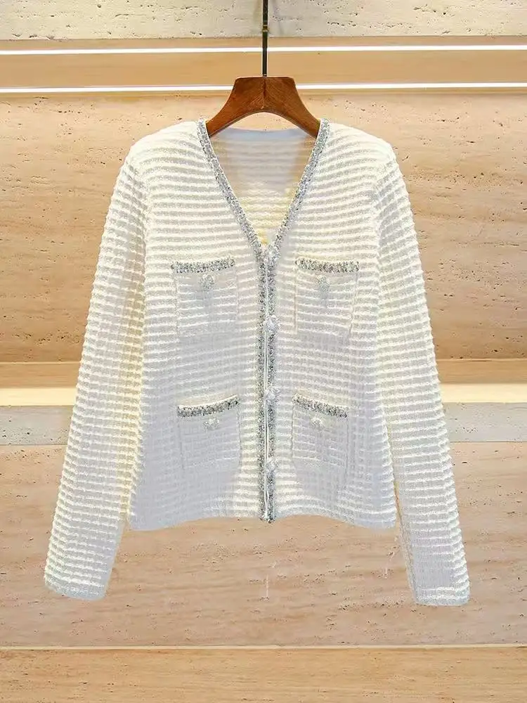 Ранняя весна 2025 г. женский вязаный кардиган цвета слоновой кости с вафельным