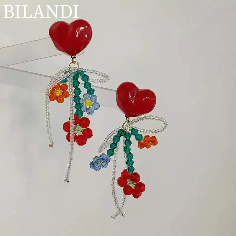 

Bilandi Sweet Jewelry Vintage Heart Earrings 2022 New Trend Hand Made Beads Flower Drop Earrings For Women Accessories