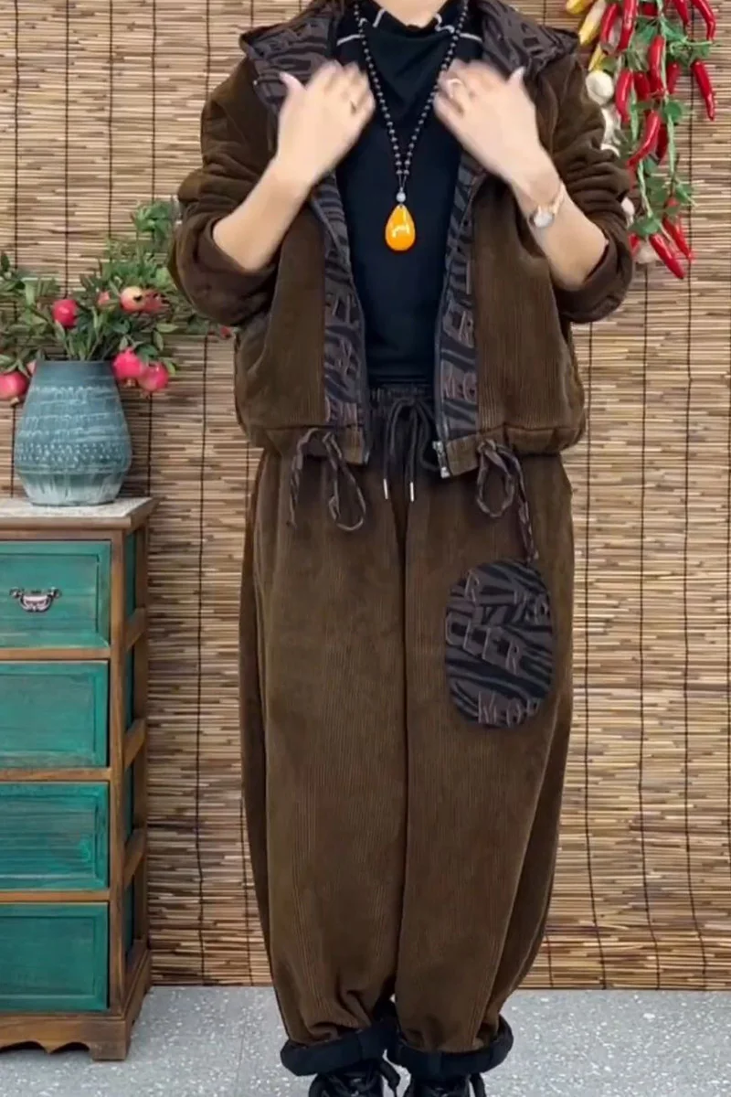 Осень-зима 2024 вельветовый комплект с капюшоном женская свободная утягивающая