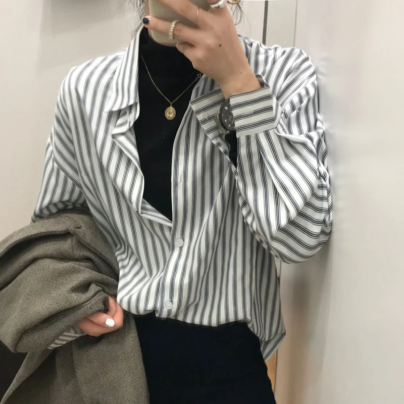 

Striped Long Sleeve Shirt Women's Design Sense of Shirt Spring and Autumn 2021 New Korean Loose Top