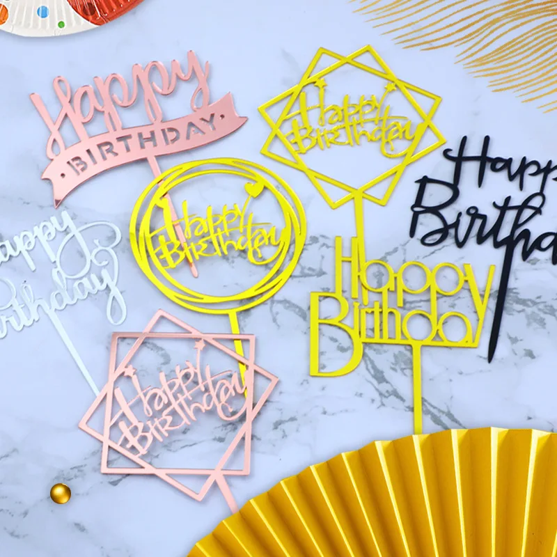 

10Pcs/Bag Acrylic Pink Silver Round Sqaure Black Rose Gold Happy Birthday Cake Toppers For Kids Womens Birthday Party Cake Decor