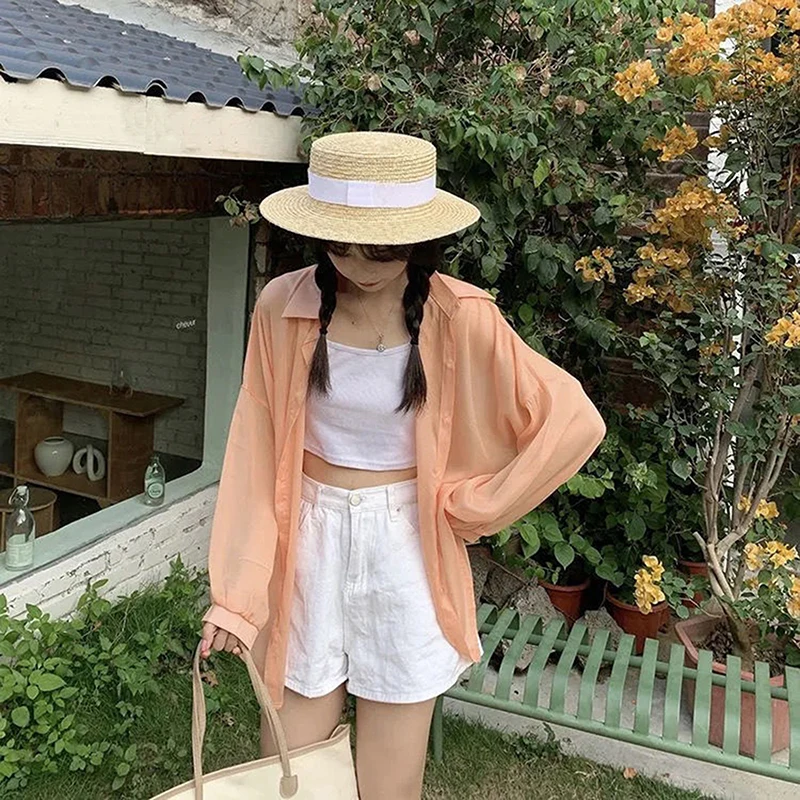 

Summer Shirt For Women Blouse Long Sleeve Female Chiffon Loose Tops Summer Cardigan Thin Sexy Solid Color Casual Shirts