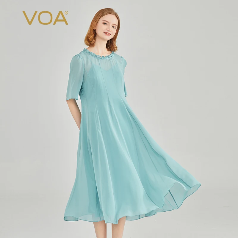 

(Fans Exclusive Discount) VOA Pure Silk Ice Blue Georgette Ear Edge Dresses Women O-neck Short Sleeve Summer Dress 2023 AE2103