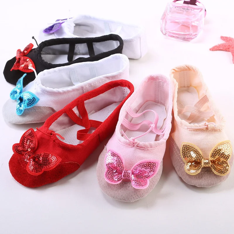 

Новая модная детская балетная танцевальная одежда с блестками и бантом, танцевальная обувь с новым узором, мягкая обувь с двумя мягкими сте...