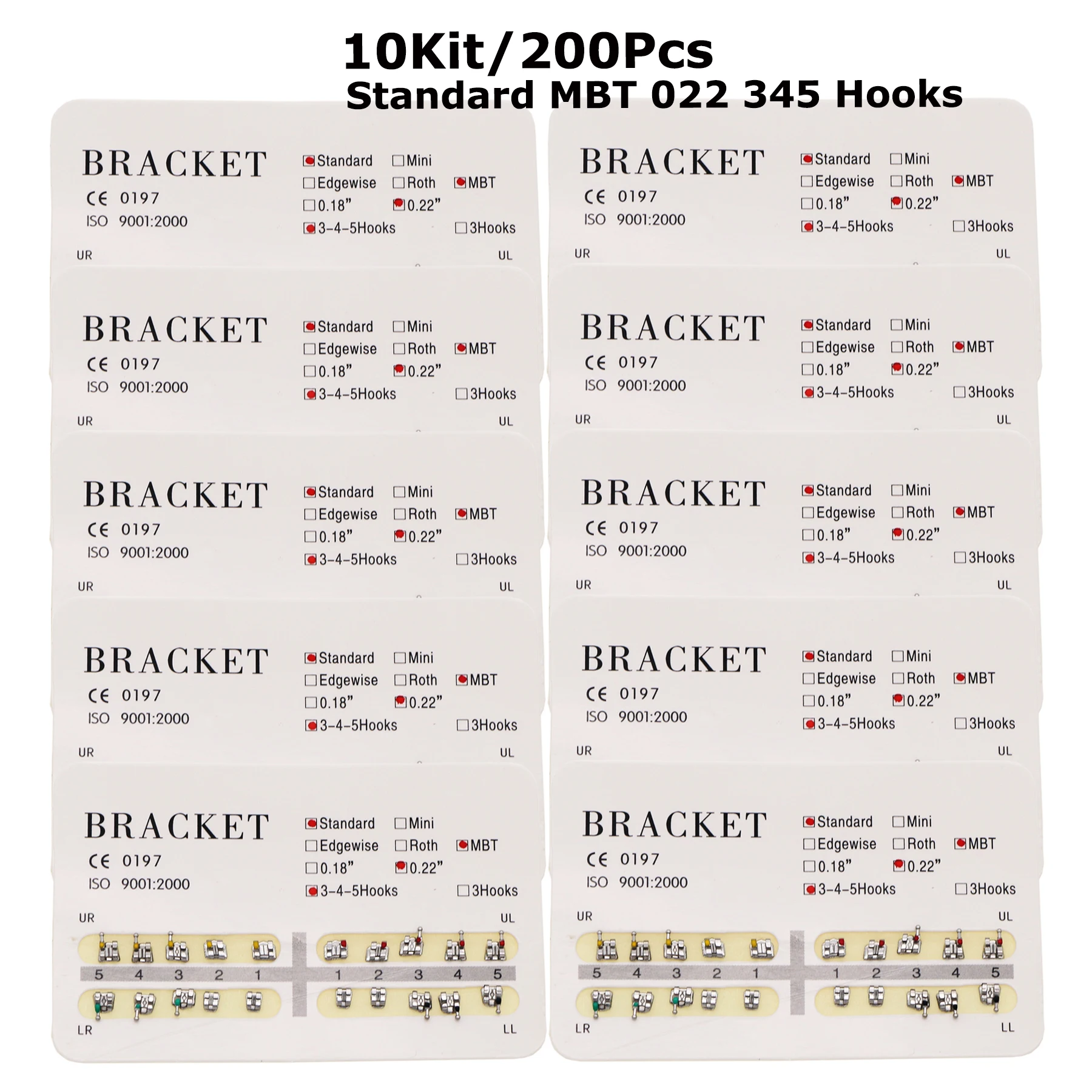 

10Packs/200Pcs Dental Orthodontic Metal Bracket Braces Standard MBT 0.022 Slots 345 Hooks Mesh Base
