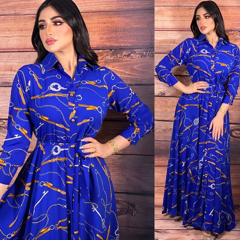 Muslim Hijab Shirt Dress Dubai Abayas for Women Chain Print Long Sleeve Button Islam Casual Turkey Arabic Abaya Jalabiya Kaftan