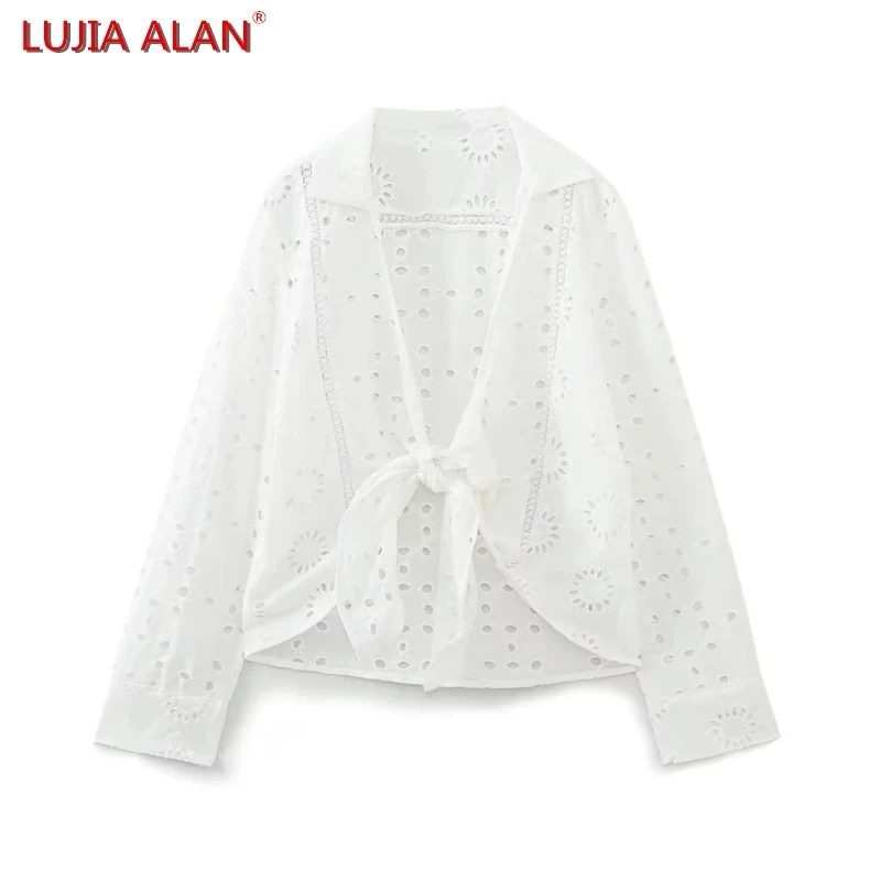 Женская ажурная блузка с вышивкой, длинным рукавом и завязкой-бантом LUJIA ALAN B1831
