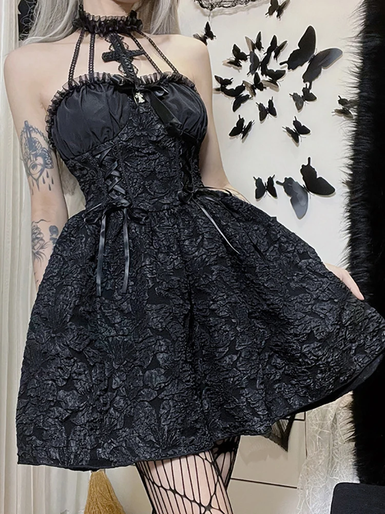 

Женское жаккардовое платье в стиле ретро Dark Mall, готическое платье-трапеция в стиле эмо, элегантное черное платье в стиле гранж с рюшами, Банд...