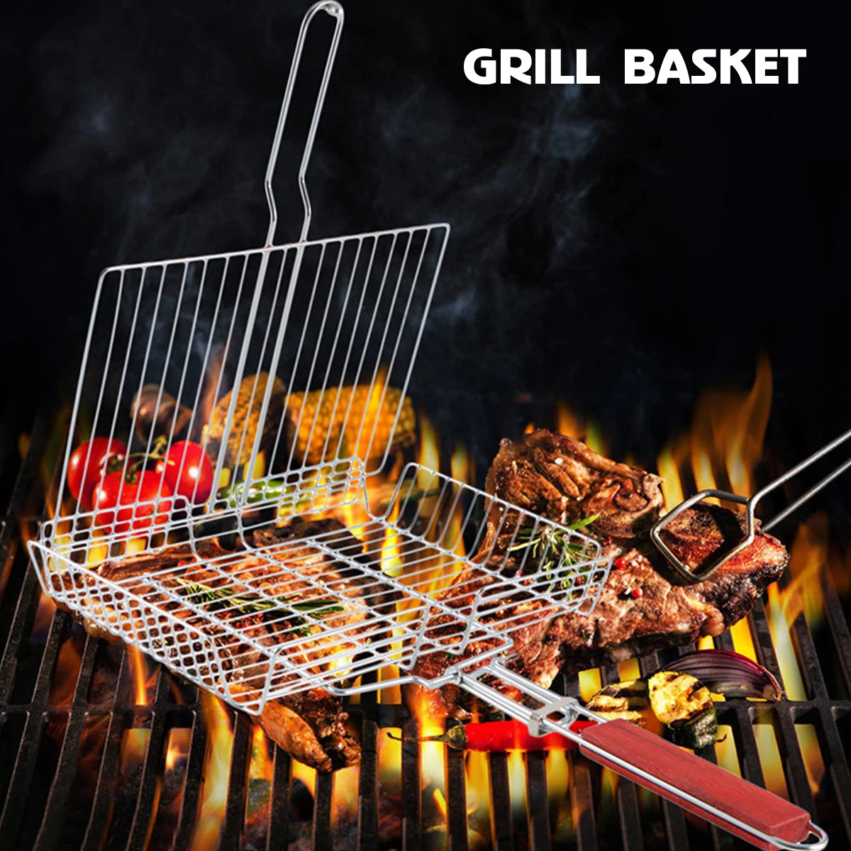 

NEW Grill Basket with Wooden Handle Rustproof Stainless Steel Fish Grill Basket Portable Camping BBQ Grilling Basket Griller