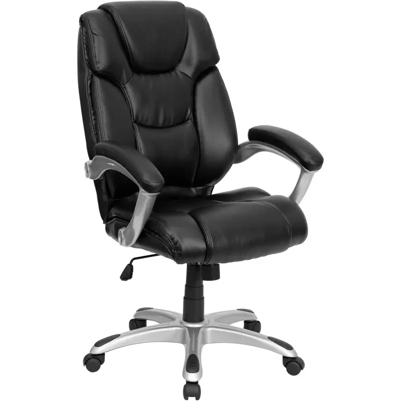 

Back Black LeatherSoft Layered Upholstered Executive Swivel Ergonomic Office Chair with Silver Nylon Base and Arms
