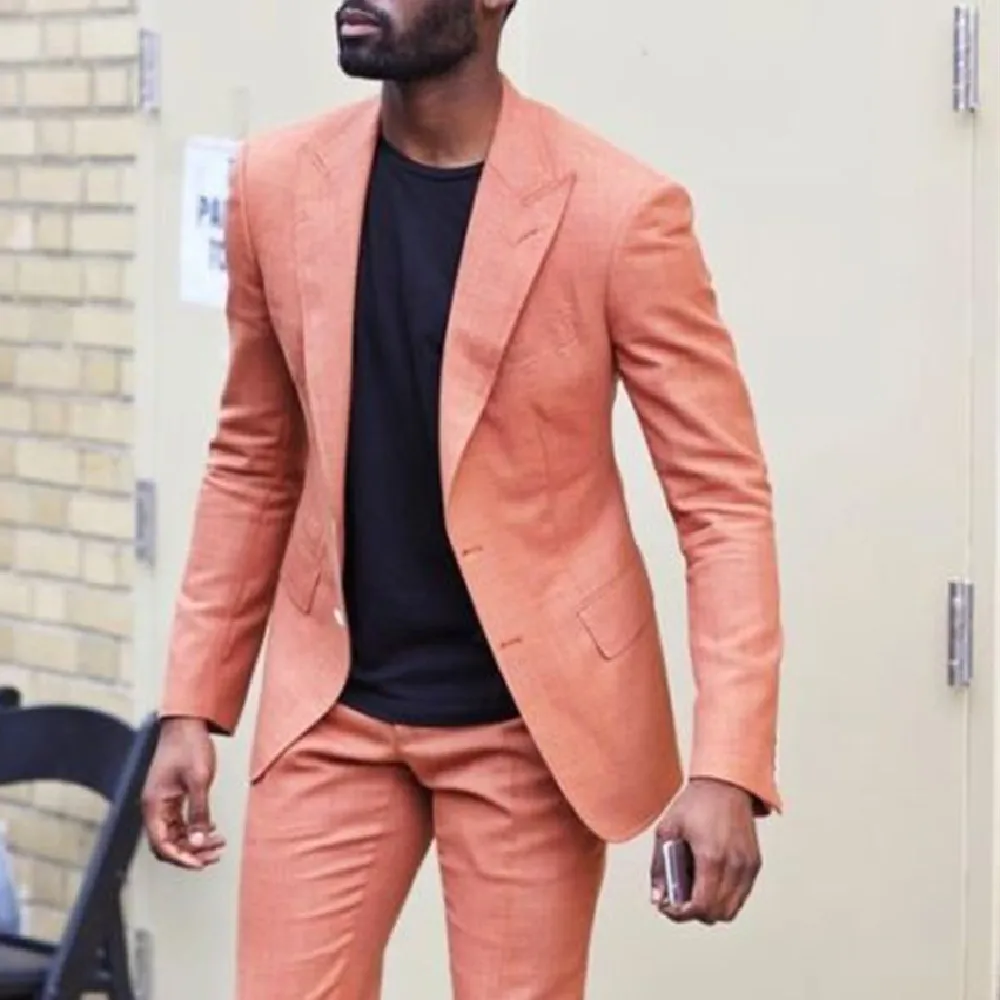 

2023 Latest Designs Peaked Lapel Two Buttons Men Suits Custome Homme Peach Tuxedos Cool Blazer Men Handsome Slim(Jacket+Pants)