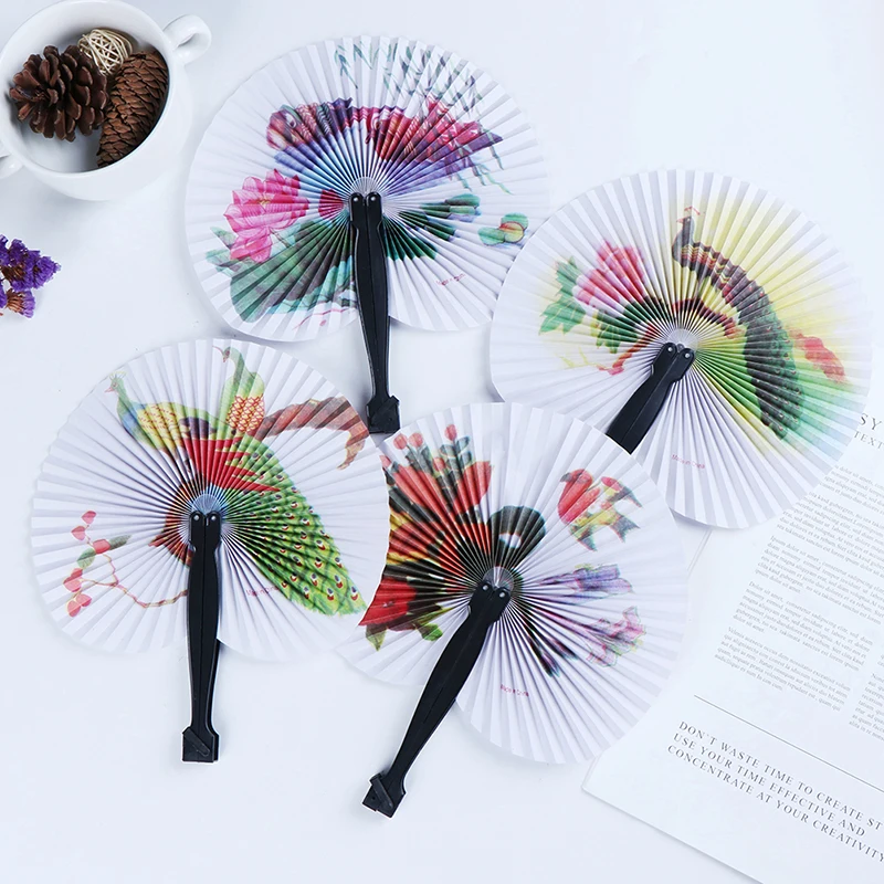 1cps Fan Chic Female Handheld Fan Chinese Pocket Folding Hand Fan Round Circle Printed Paper Party Decor Gift Color Random
