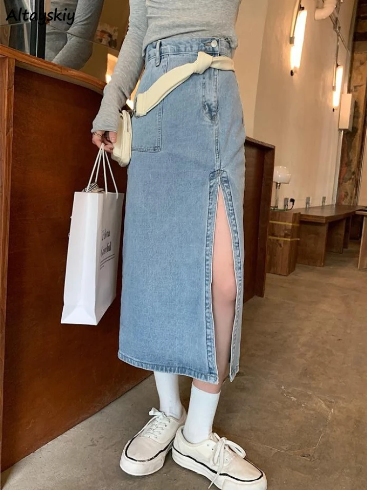 

Юбка-миди женская джинсовая с Боковым Разрезом, пикантная модная уличная ретро-юбка с завышенной талией, повседневный универсальный дизайн в стиле ольччан, на осень