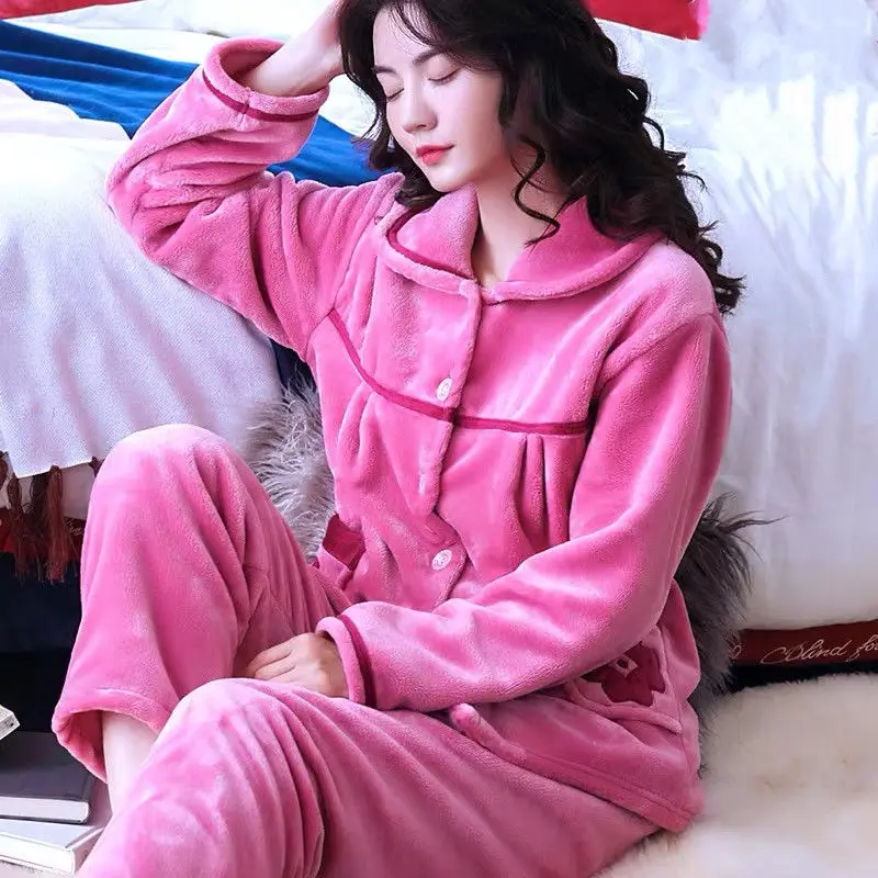 inter Warm Flannel Women Pyjamas Sets Thick Coral Velvet Long Sleeve Sleepwear Pajamas Set for Women Pijama Home Suit