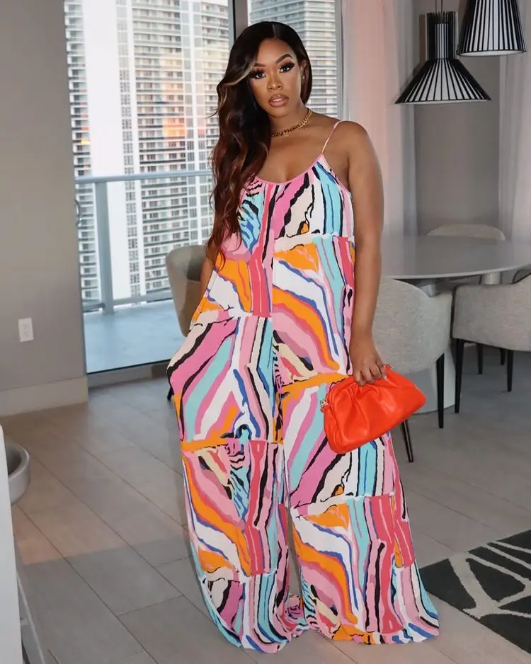 Summer Women's Fashion Stripe Printed Wide Leg Suspender Jumpsuit