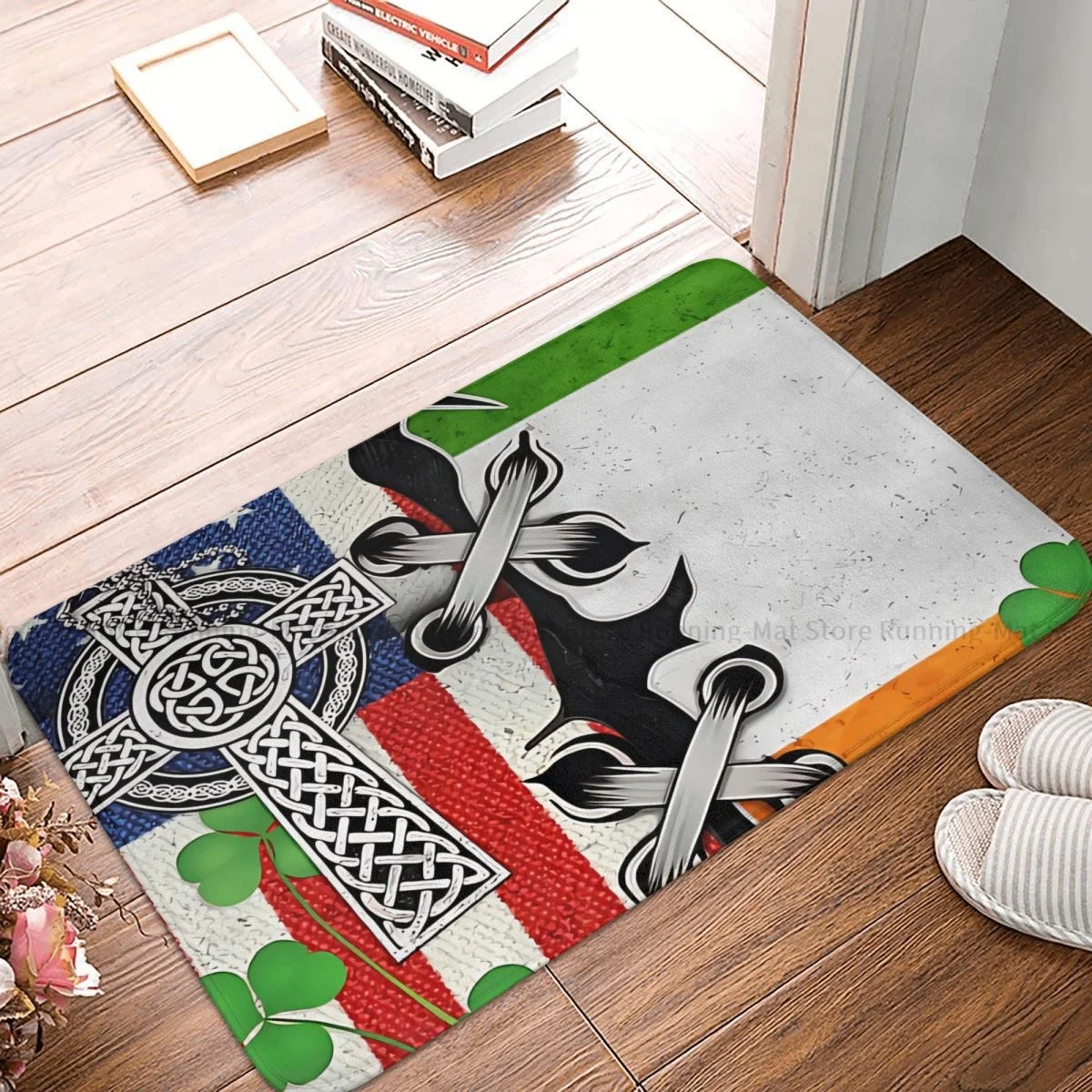 

St Patrick's Day Kitchen Non-Slip Carpet Irish American Cross Shamrock Flag Bedroom Mat Entrance Door Doormat Floor Decor Rug