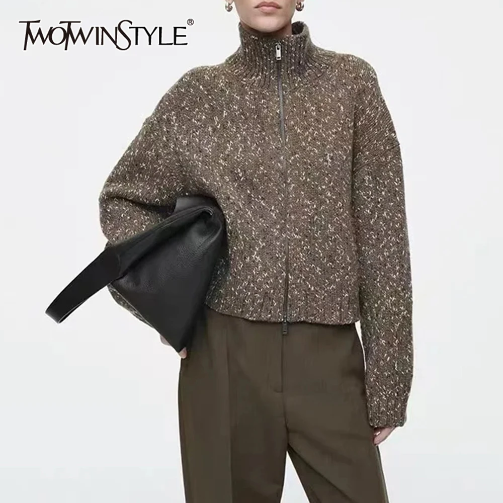 TWOTWINSTYLE однотонные короткие свитера на молнии для женщин с высоким воротом и