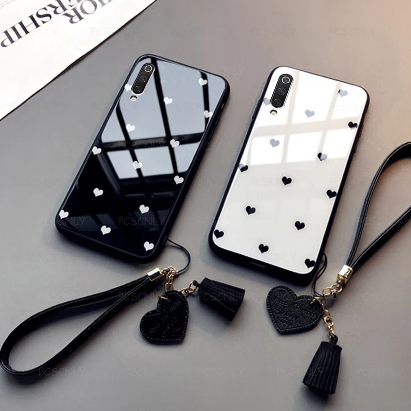 

Glass Case For Xiaomi 6 8 9 9T Pro Lite Fashion Love Heart Phone Hard Cover For Xiao Mi 8SE 9SE 8UD with Lanyard