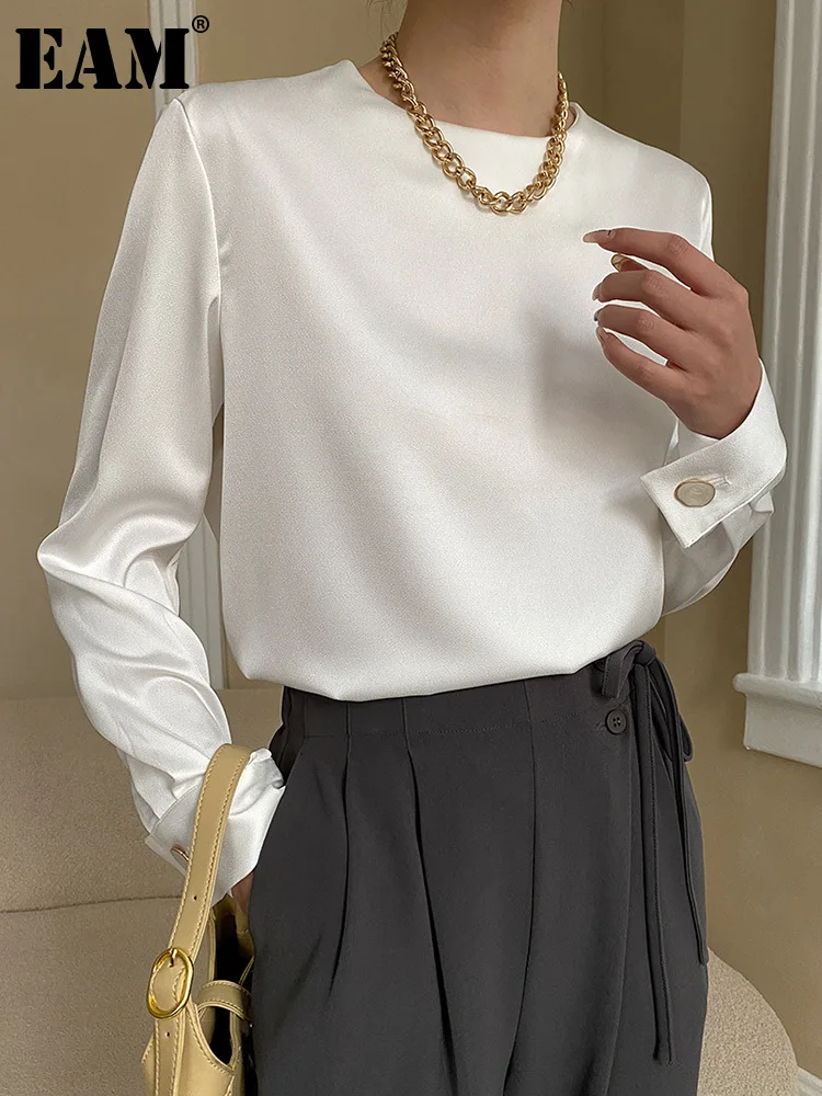 

[EAM] Women White Yellow Elegant Casual Blouse New Round Neck Long Sleeve Loose Fit Shirt Fashion Spring Autumn 2023 1DF4193