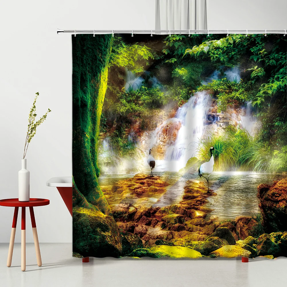 

Waterfall Forest Shower Curtain Spring Tropical Green Jungle Natural Scenery Bathroom Bath Curtains Waterproof with Hooks Decor