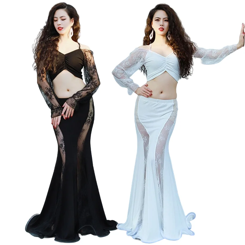 

Costume for Oriental Dance Clothes Women Long Sleeve 2 Piece Set Belly Dance Dress Stage Costumes Accessories Elegant Lace White