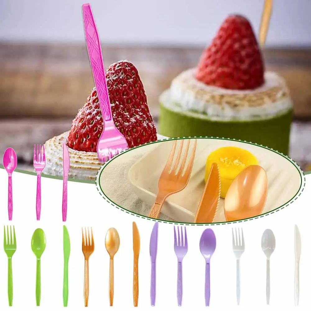 

Plastic Cutlery Spoons Forks Knife Flatware Reusable Yellow Purple Red Gold White Pink Plastic Green Black Tableware V9K0