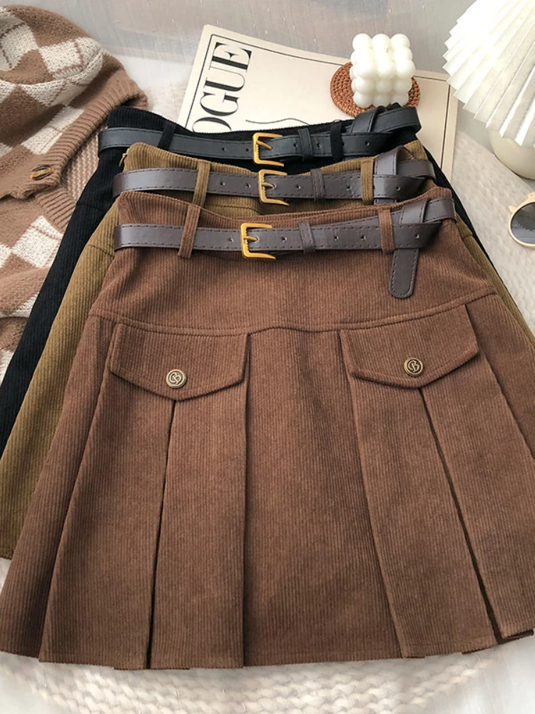 

Женская Вельветовая юбка А-силуэта, с поясом и высокой талией