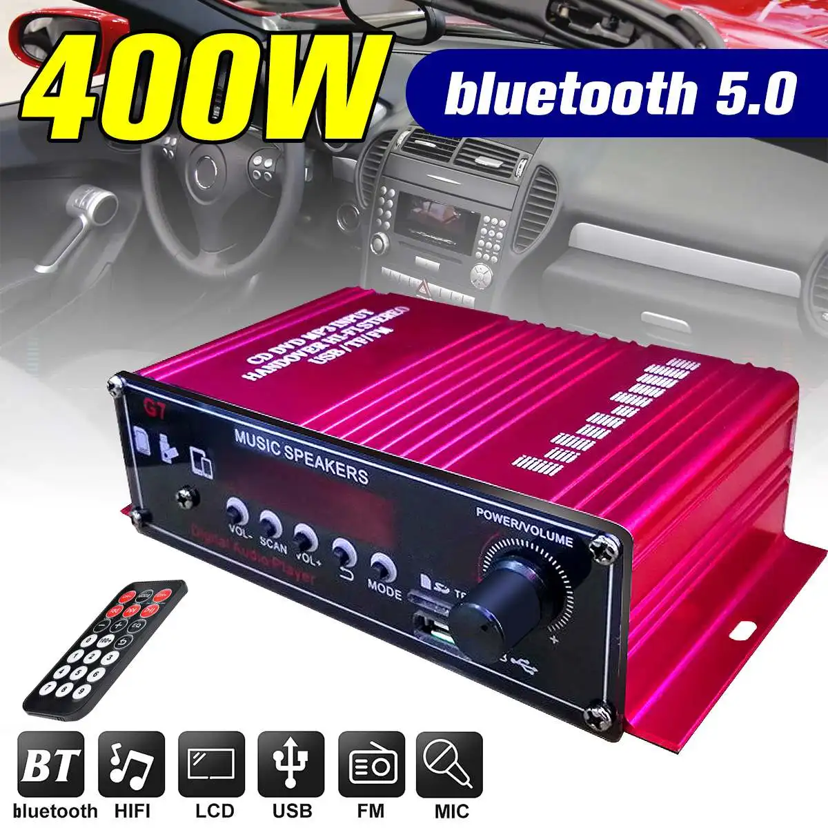 400W Power Amplifier Audio Karaoke Home Theater Amplifier Subwoofer bluetooth 5.0 Class D Home Car Amplifier FM USB/SD AUX Input