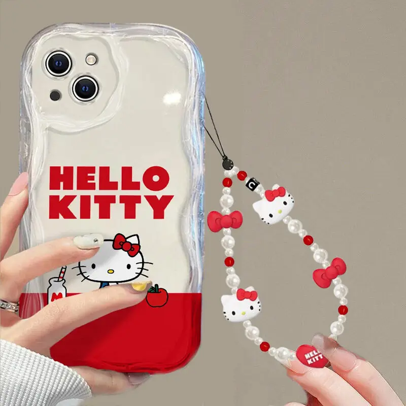 Sanrio With Red Bows Hello Kitty Chain Case For Realme 11 12 Pro Plus 13 Max Note 60 C63 C67 C65 C53 Cover Funda Silicone