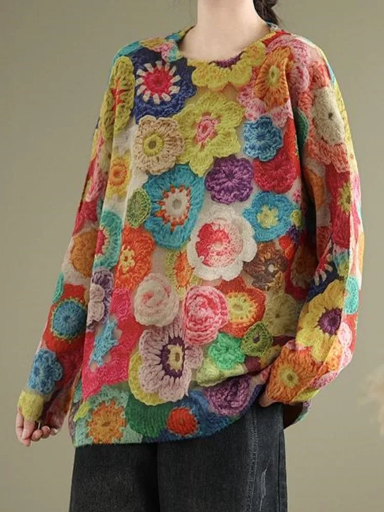 Осенний пуловер большого размера с цветочным принтом женский свитер длинным