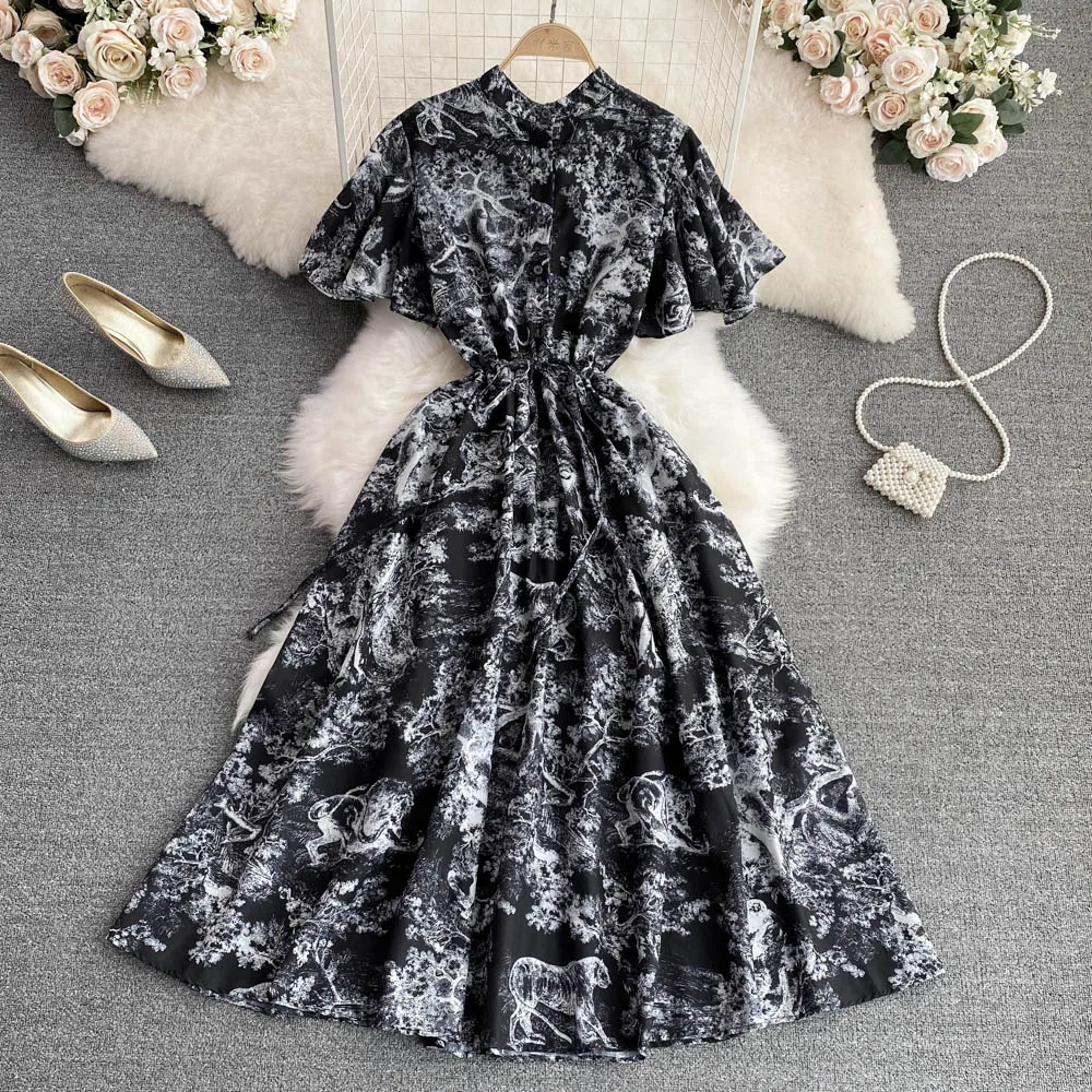 

VANOVICH 2022 Summer Fashion Stand Collar Waist Slim Flare Sleeve Ink Painting Print A-line Dress Elegant Big Swing Long Dress