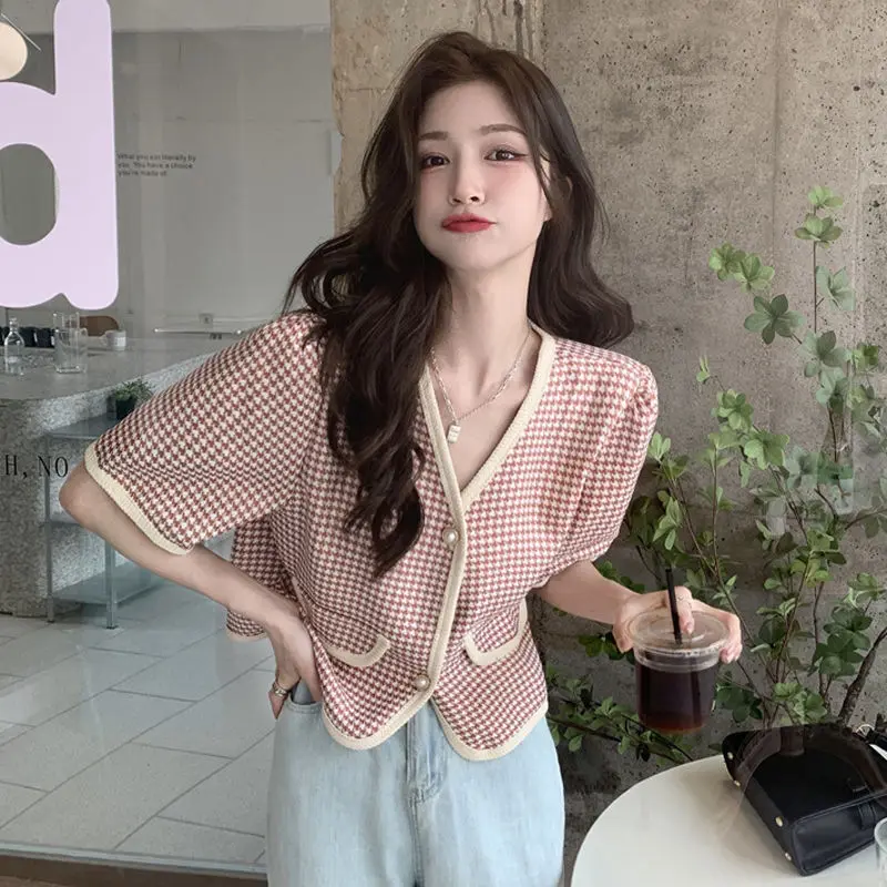 

Houndstooth cardigan women Korean version sexy V-neck fitness crop top women summer thin short-sleeved sunscreen jacket