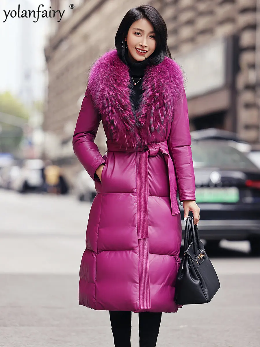 

90% White Duck Down Coat Women's Leather Down Jackets Raccoon Fur Collar Coats Female Real Sheepskin Leather Jacket Abrigo FCY
